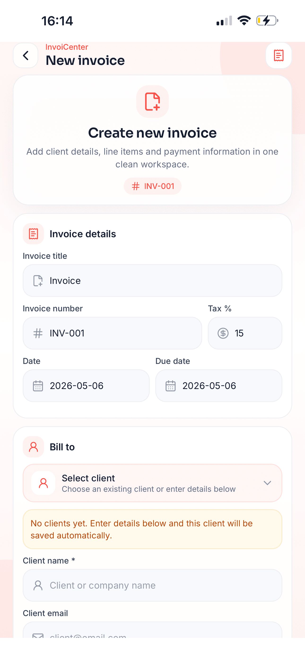 Create invoice Invoicenter mobile screen
